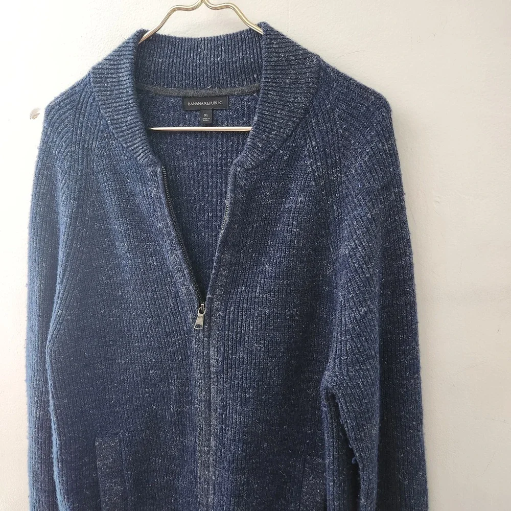Banana Republic Mens XL Blue Wool Linen Blend Full Zip Ribbed Cardigan Sweater